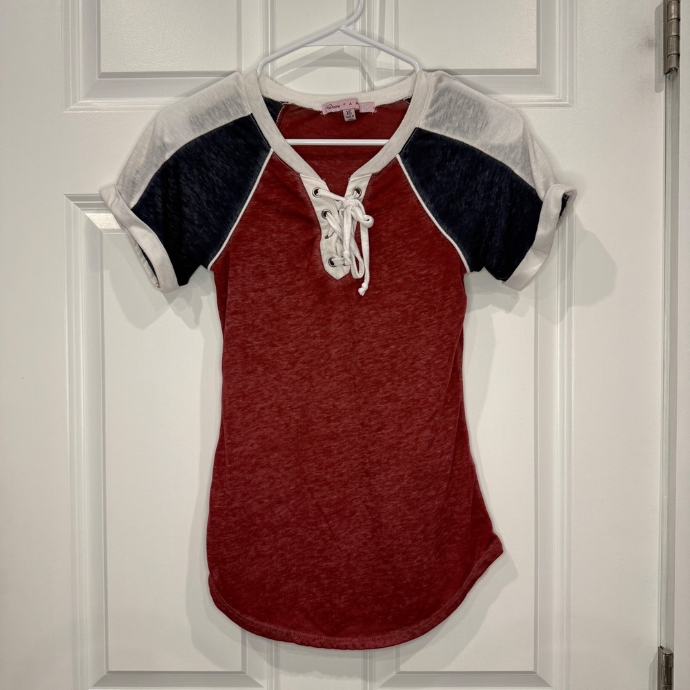Brave‎ Fame Womens Red White Blue Lace Up Colorblock Burnout Raglan Tee Size XS